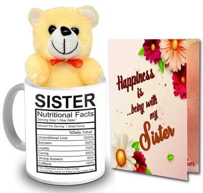 ME & YOU Rakhi Gift for Sister | Raksha Bandhan Gifts Hamper | Rakhi Gift with Greeting Card,Coffee Mug & Cute Teddy - Pack of 3